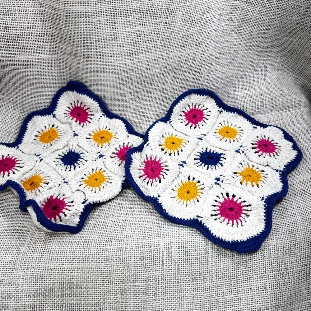 Vintage Handmade Crochet Potholders Set of 2 Floral Medallion Blue Pink White